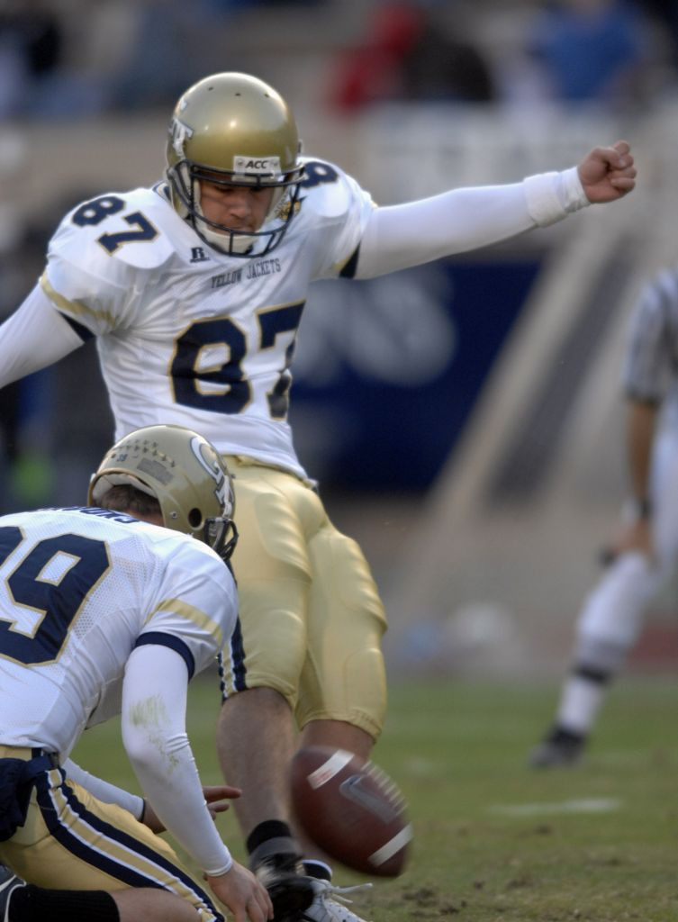 Georgia Tech's place kicker Travis Bell kicks a field goal over Duke during the second half half.