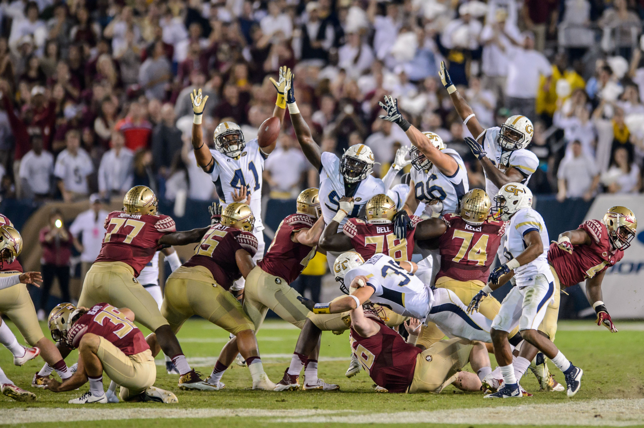 Patrick Gamble (91) blocks the kick!