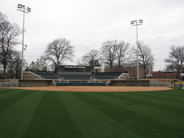 Softball team practices in its new stadium for the first time.