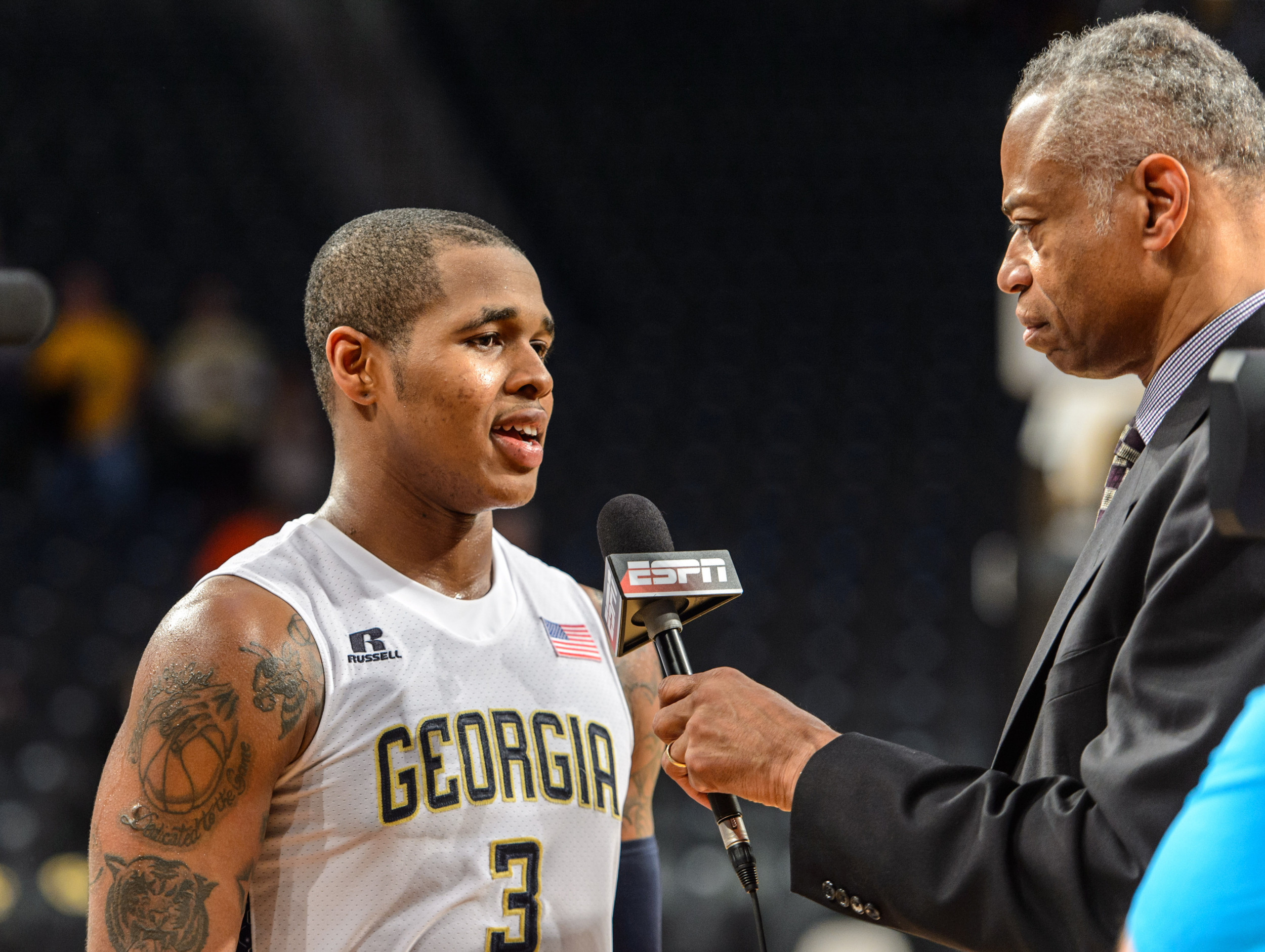 Marcus Georges-Hunt (3) talks with ESPN after the win.