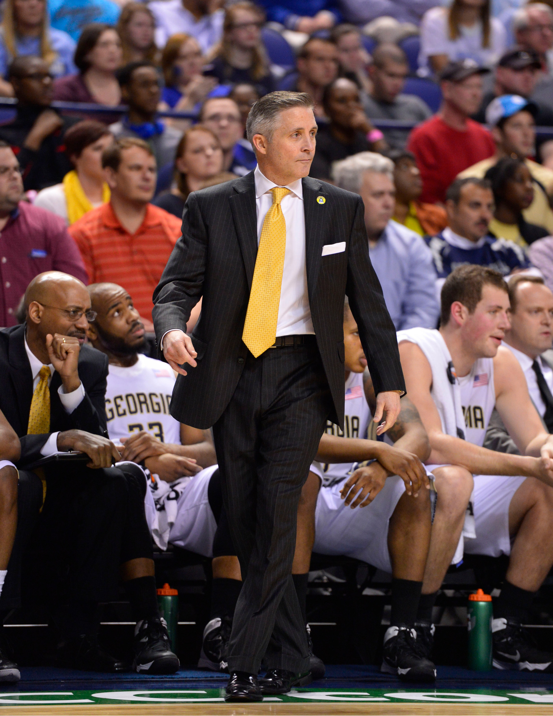 Mar 12, 2014; Greensboro, NC, USA; BGeorgia Tech Yellow Jackets head coach Brian Gregory reacts in the first half in the first round at Greensboro Coliseum. Mandatory Credit: Bob Donnan-USA TODAY Sports