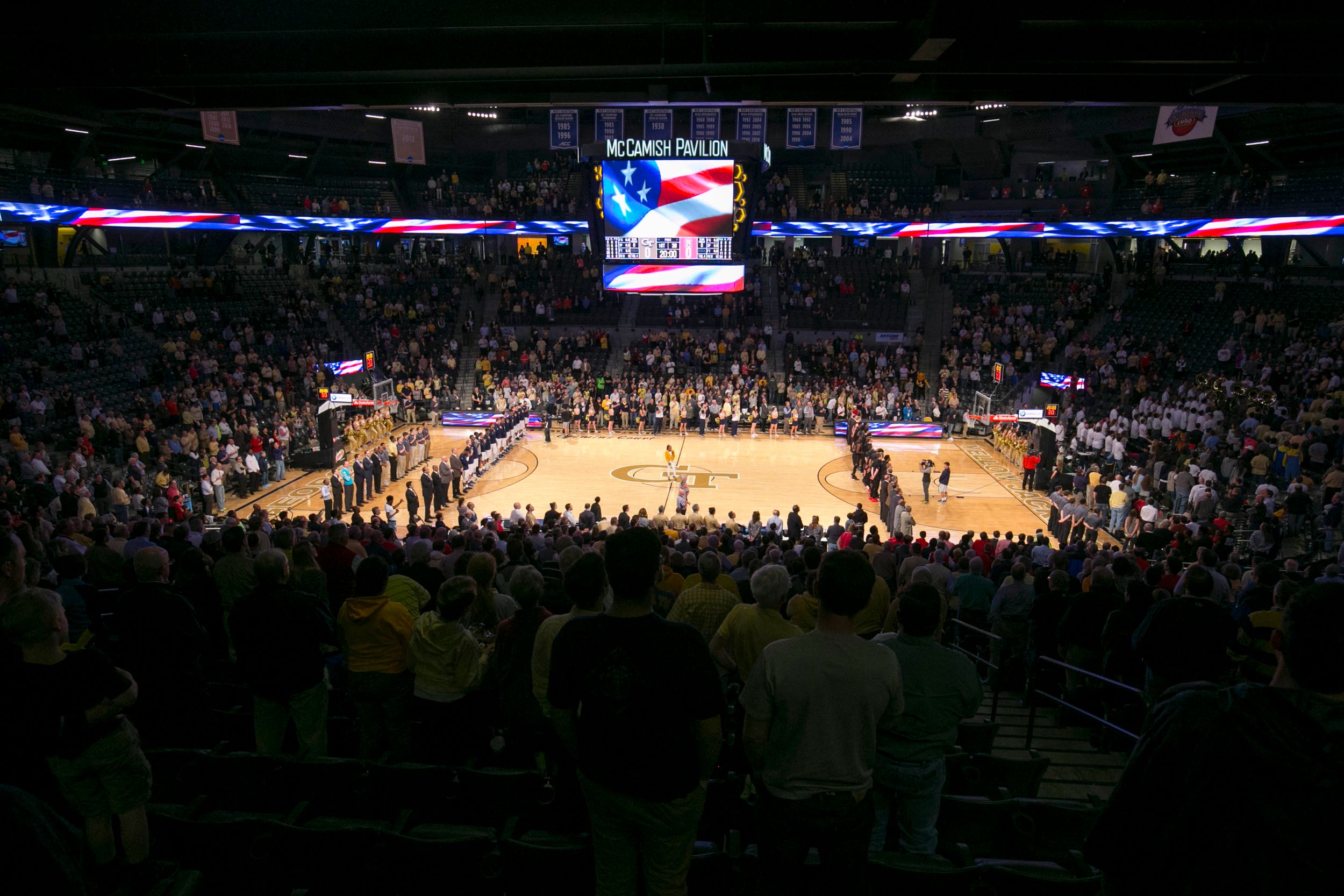 A general view of McCamish Pavilion during the national anthem prior to the game between the North Carolina State Wolfpack and the Georgia Tech Yellow Jackets. Credit: Jason Getz-USA TODAY Sports