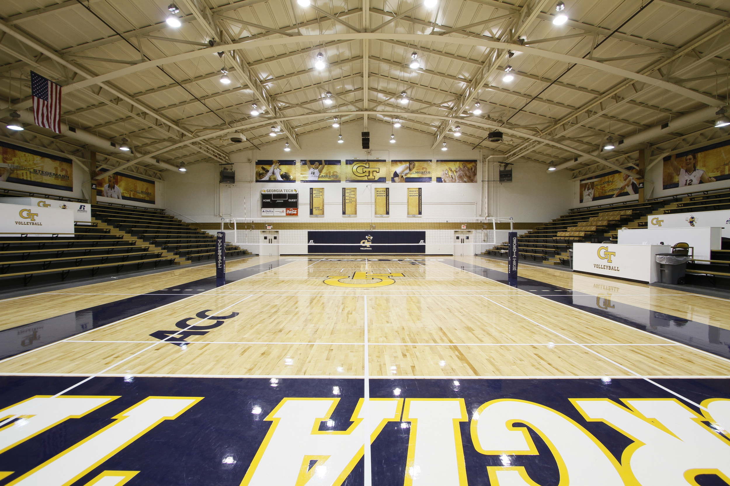 O'Keefe Gym has a new look with a new floor and banners.
