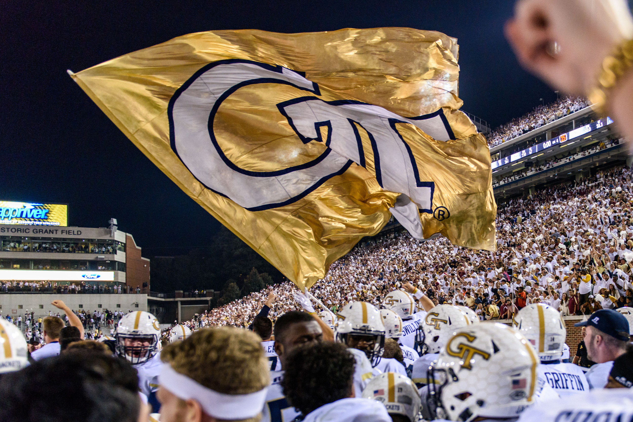 The GT flag flies over the field