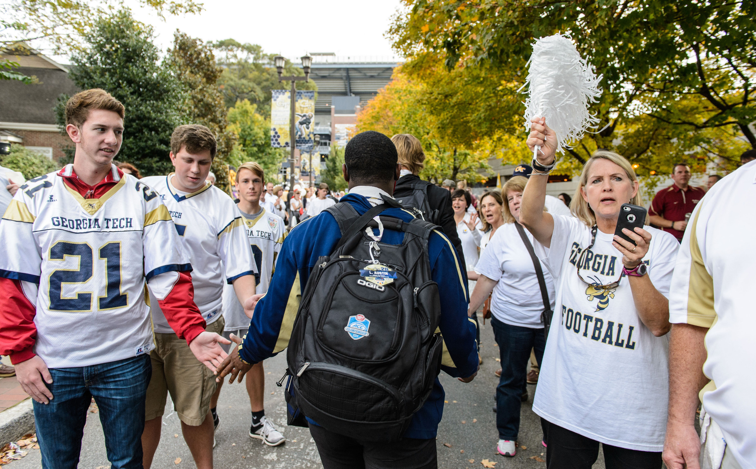 Lawrence Austin (20) walks down Yellow Jacket Alley