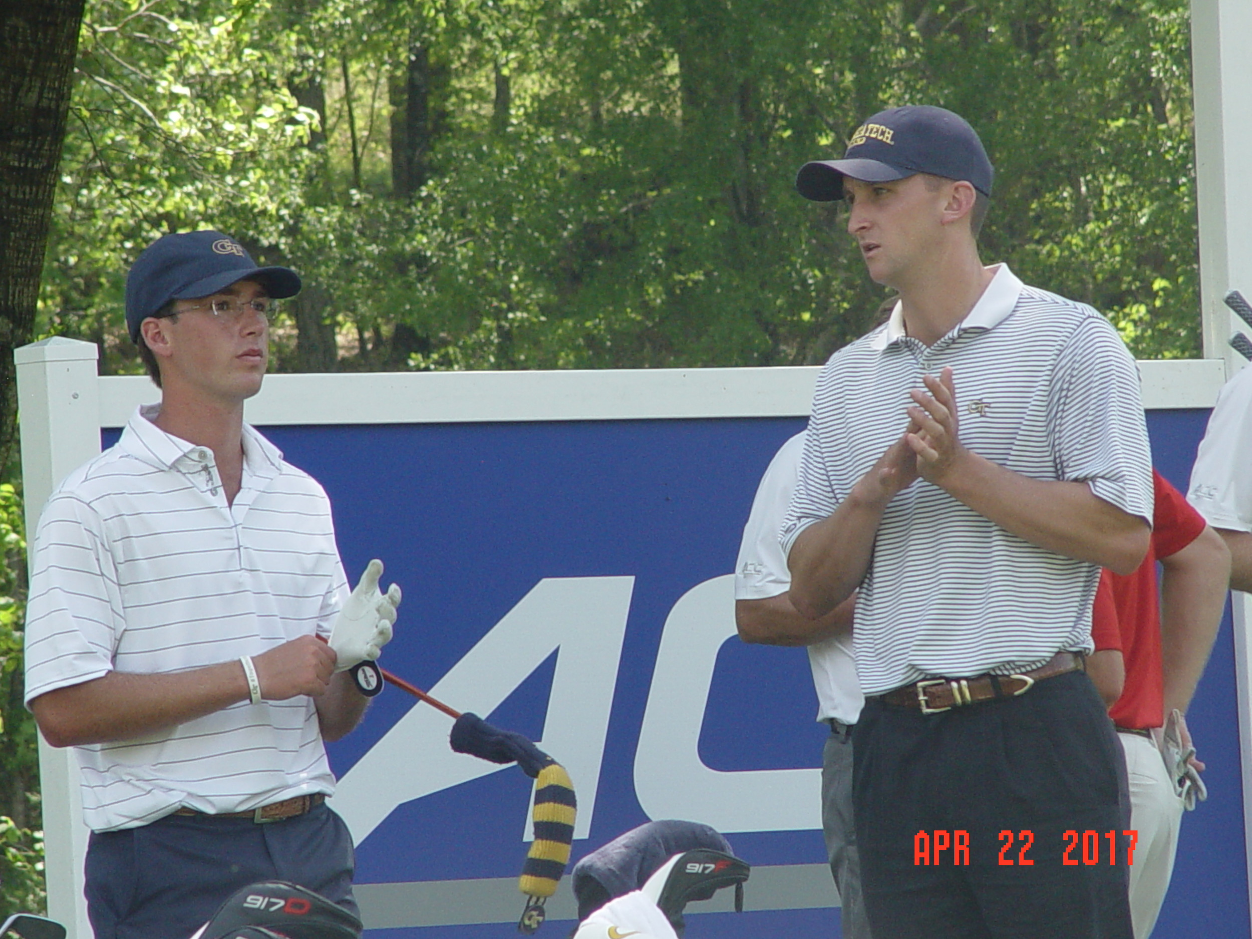 Andy Ogletree and assistant coach Drew McGee during the second round of the ACC Men's Golf Championship, Musgrove Mill Golf Club, Clinton, S.C., April 22, 2017
