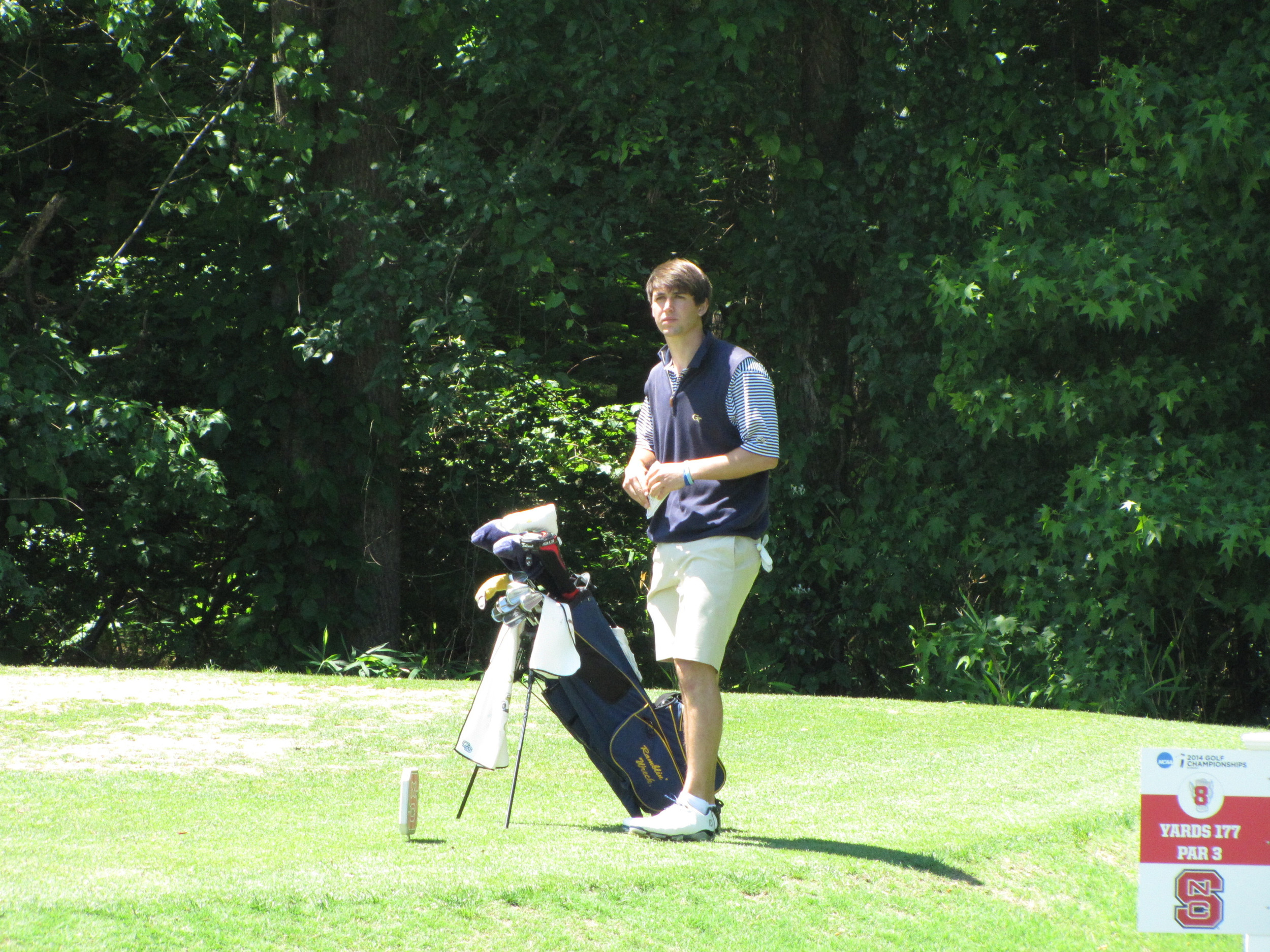 Ollie Schniederjans waits to hit at the par-3 8th tee during the final round of the NCAA Raleigh Regional.