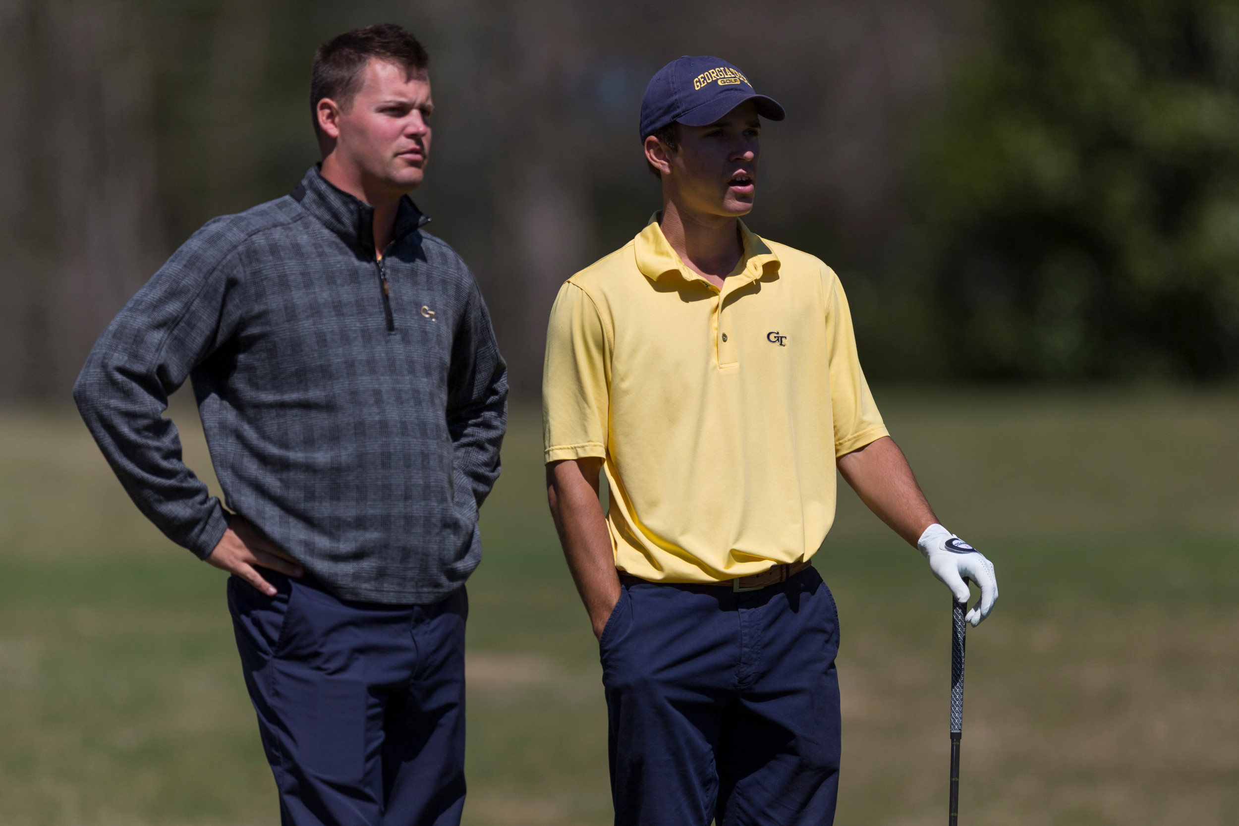 Assistant coach Jeff Pierce with Jacob Joiner during the second round of the Clemson Invitational, April 2, 2016