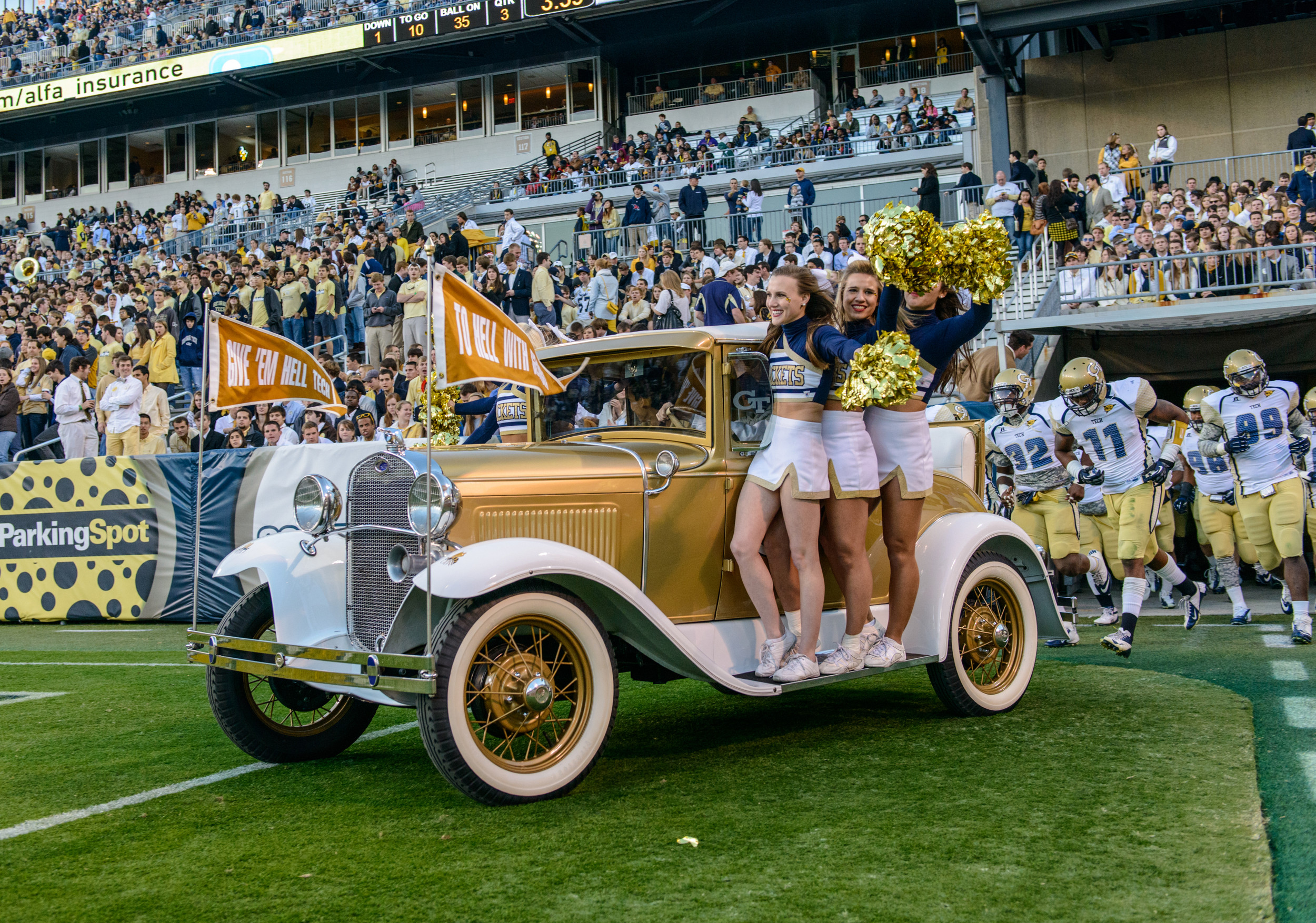The Ramblin' Reck leads the team onto the field in the second half.