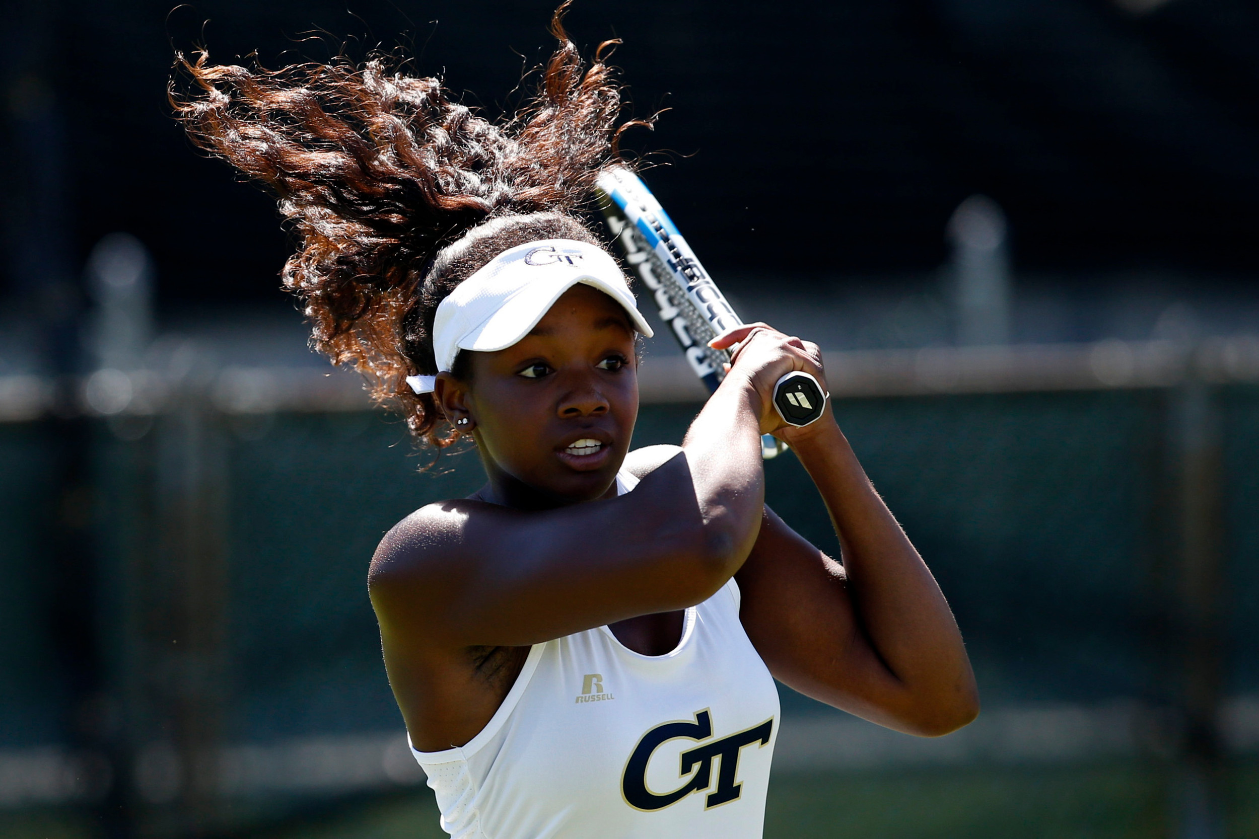 Georgia Tech's Kenya Jones makes a return during a match at the Hall of Fame Tennis Club. Mandatory Credit: Greg M. Cooper-USA TODAY Sports