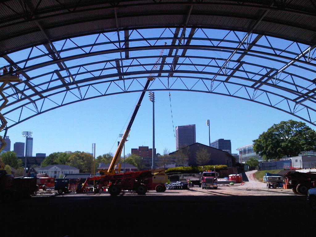 Week 14 - Photo taken on April 6, 2011 - Underneath the recently constructed roofing of the indoor practice facility - Almost totally covered.