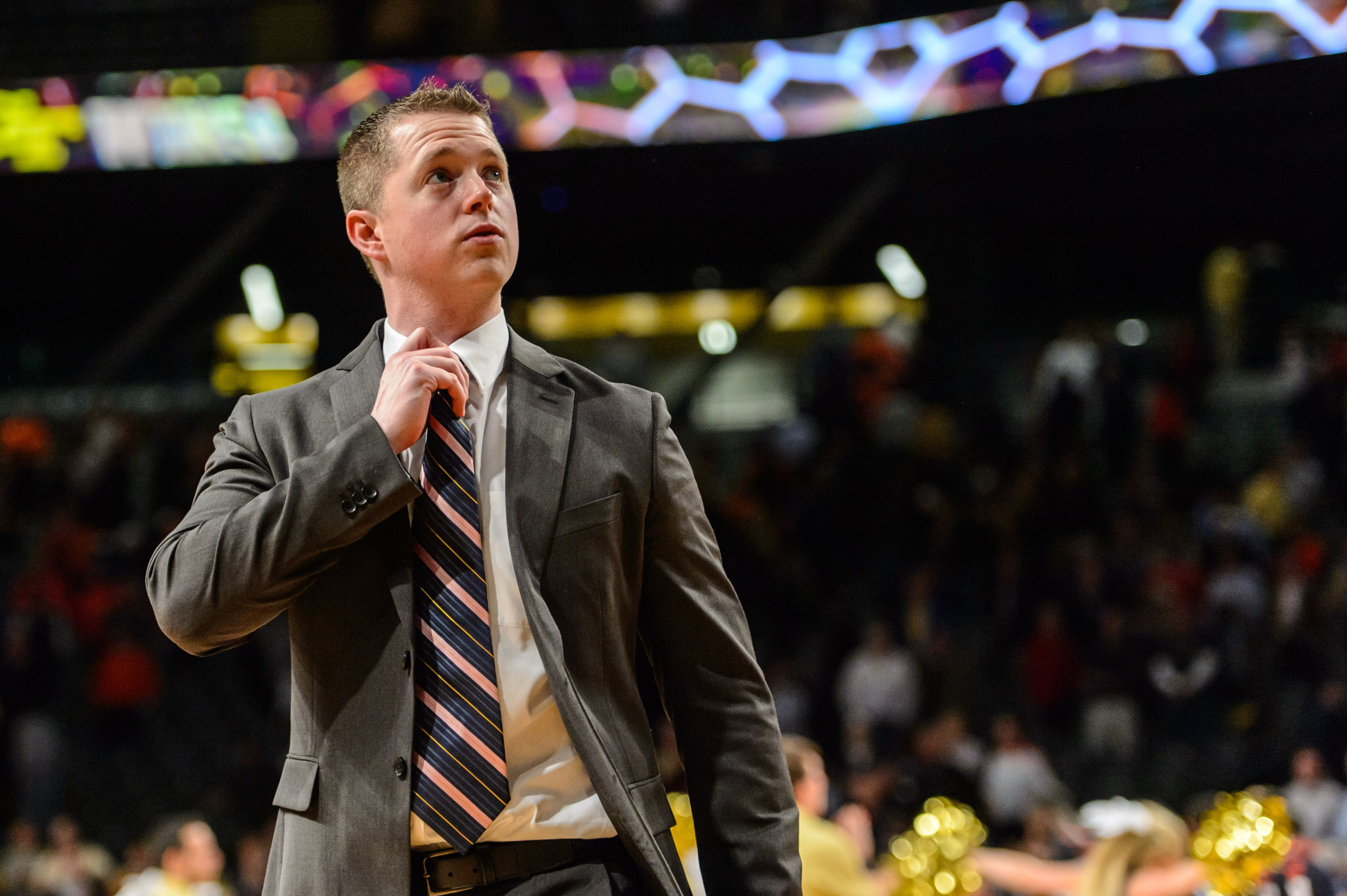 Trent Angelucci looks up at the crowd after the game.