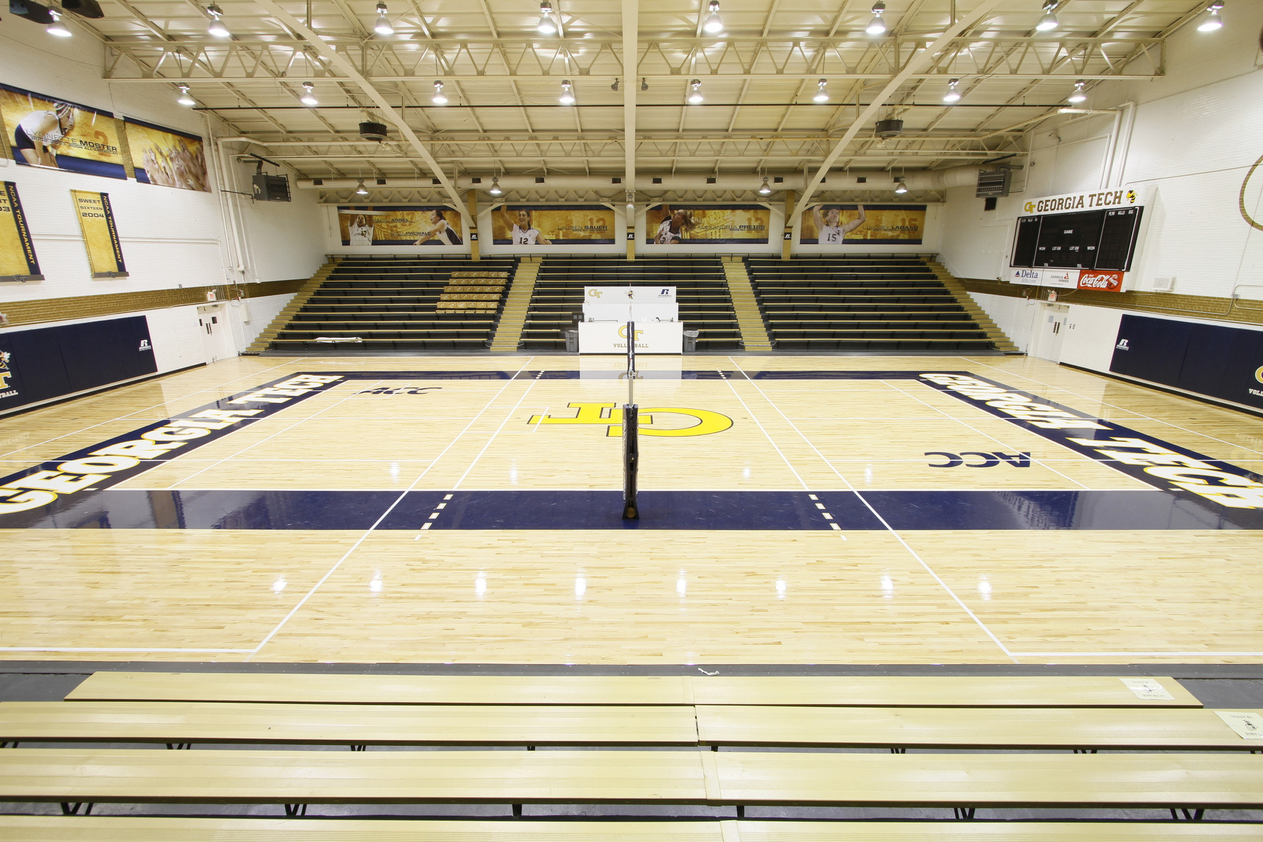 O'Keefe Gym has a new look with a new floor and banners.