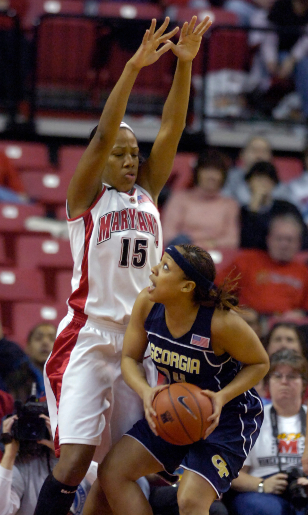 Maryland's Laura Harper defends against Georgia Tech.'s Iasia Hemingway during the first half of a college basketball game Sunday, Jan. 20, 2008, in College Park, Md.(AP Photo/Gail Burton)