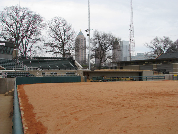 Softball team practices in its new stadium for the first time.