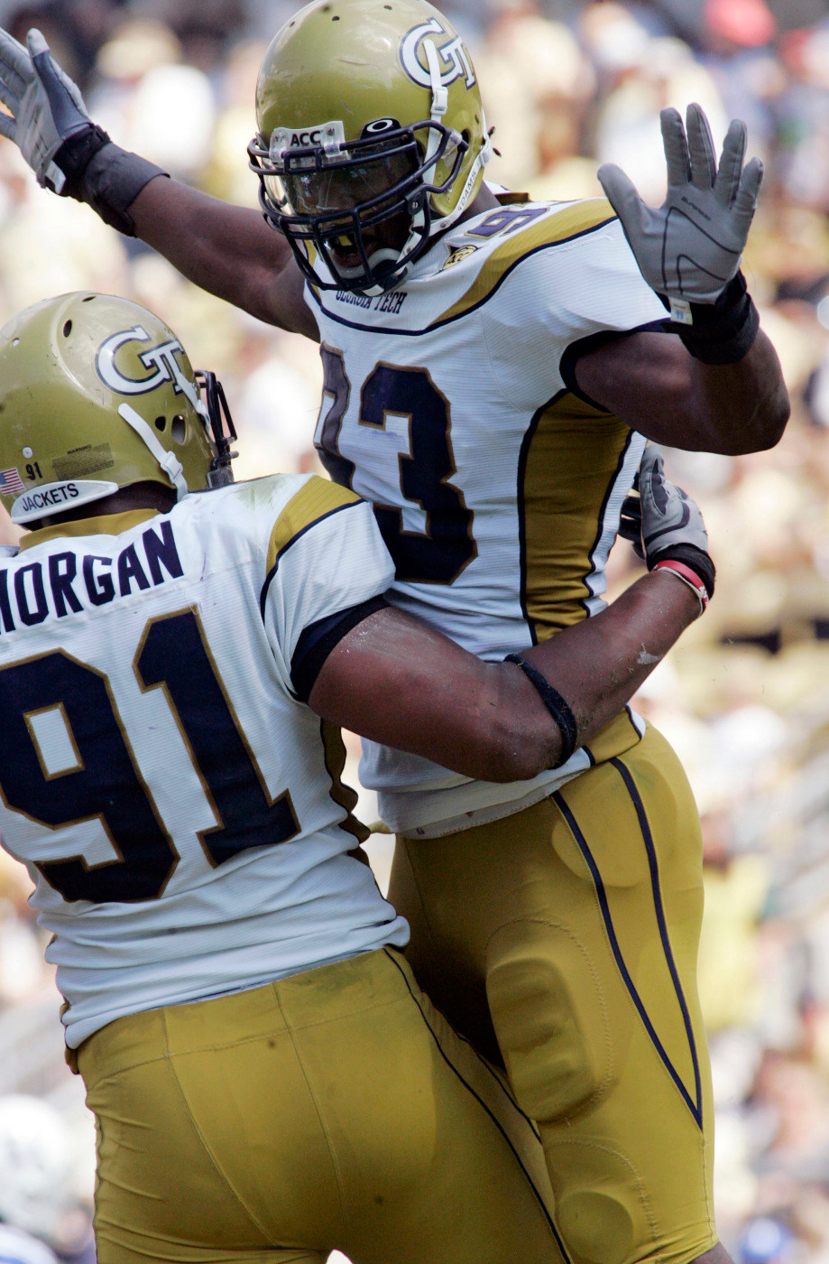 Georgia Tech defensive end Derrick Morgan (91) and defensive end Michael Johnson celebrate a sack of Duke quarterback Thaddeus Lewis, not pictured, during the second half of an NCAA football game, Saturday, Oct. 4, 2008, in Atlanta. Georgia Tech won 27-0. (AP Photo/John Amis)