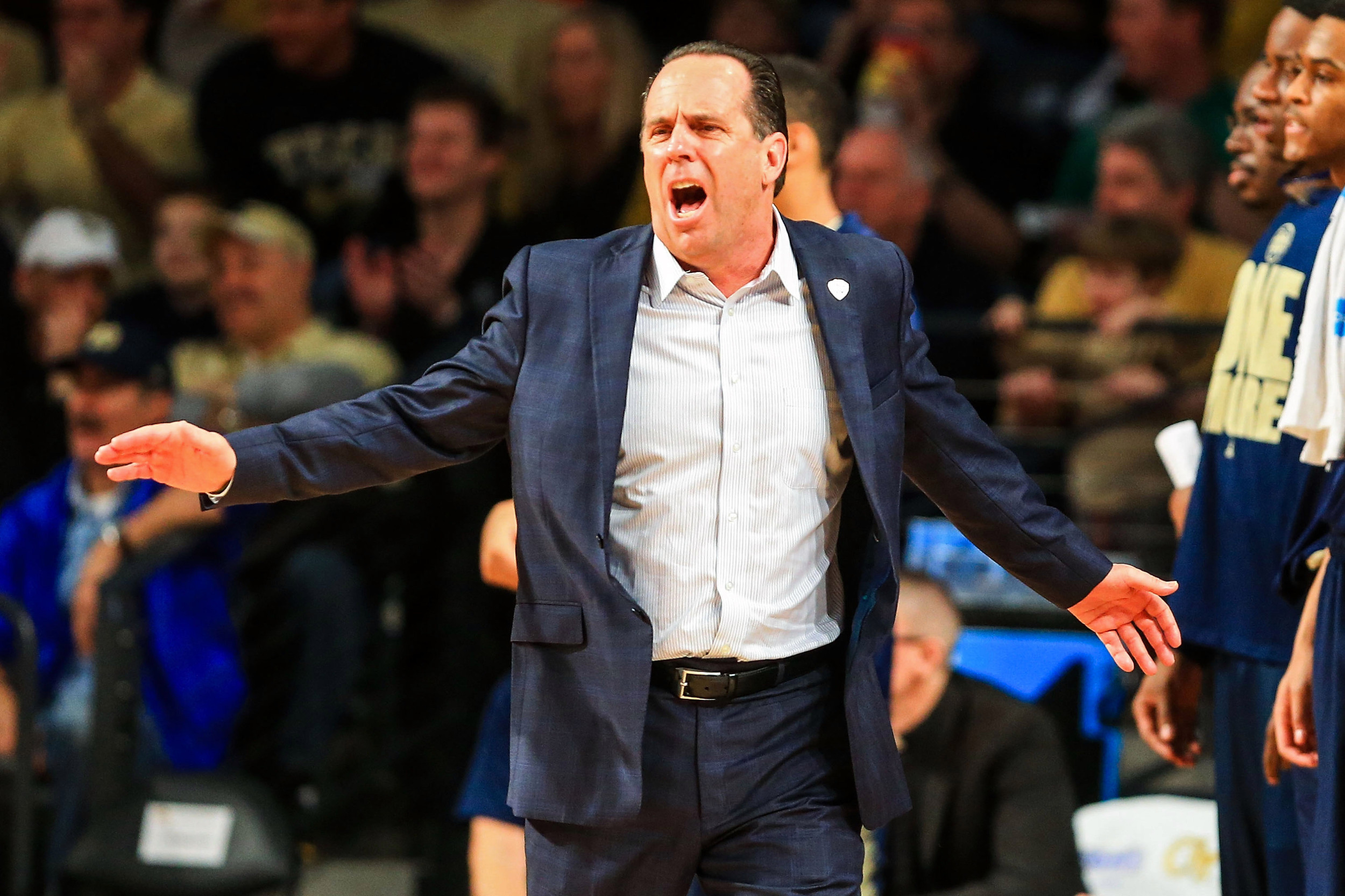 Jan 11, 2014; Atlanta, GA, USA; Notre Dame Fighting Irish head coach Mike Brey reacts to a call in the first half against the Georgia Tech Yellow Jackets at Hank McCamish Pavilion. Mandatory Credit: Daniel Shirey-USA TODAY Sports