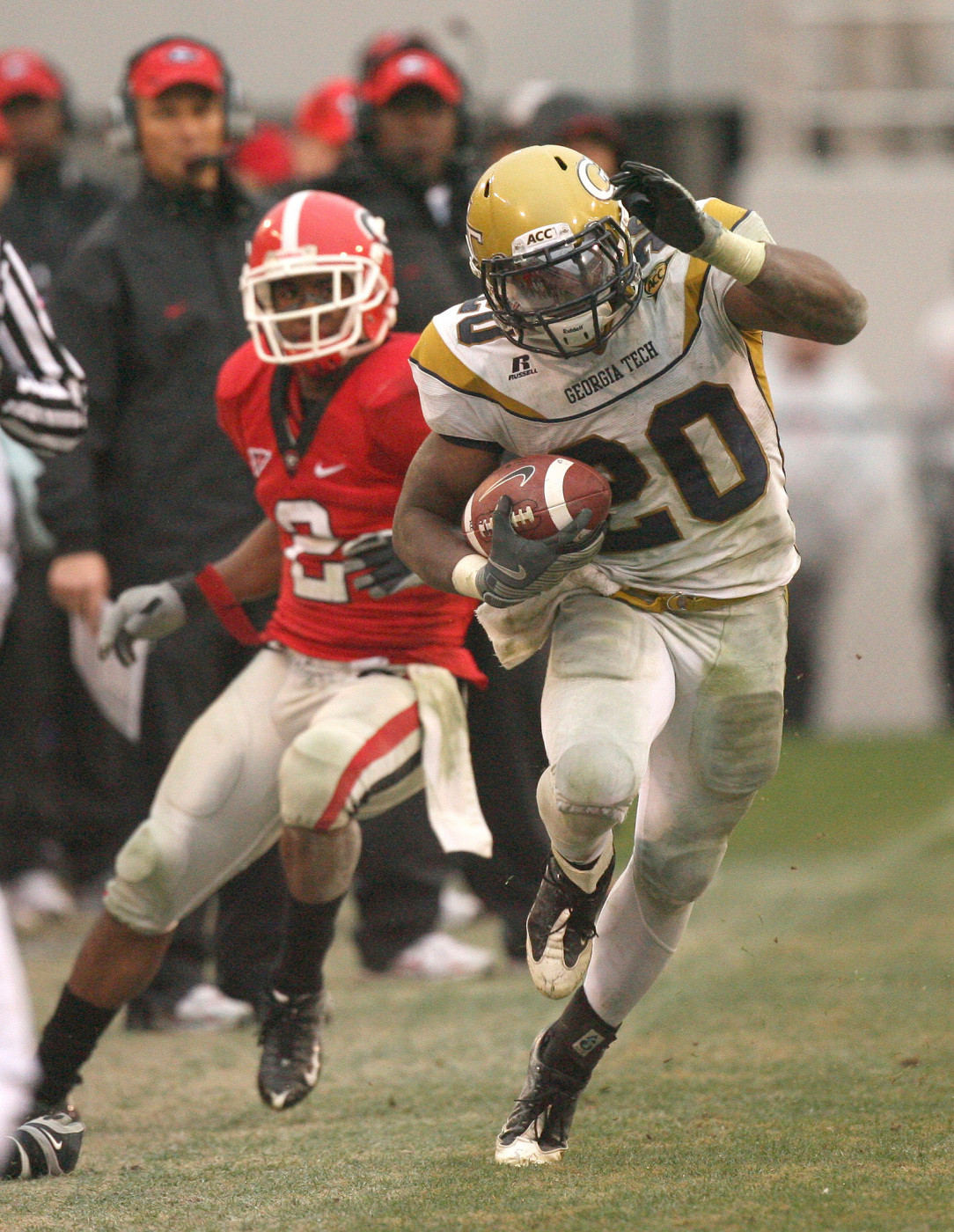 Roddy Jones stays in bounds as Georgia's Asher Allen (2) gives chase on a touchdown run in the fourth quarter in Athens, Ga., Saturday, Nov. 29, 2008. Tech won 45 to 42. (AP Photo/Atlanta Journal Constitution, Johnny Crawford)