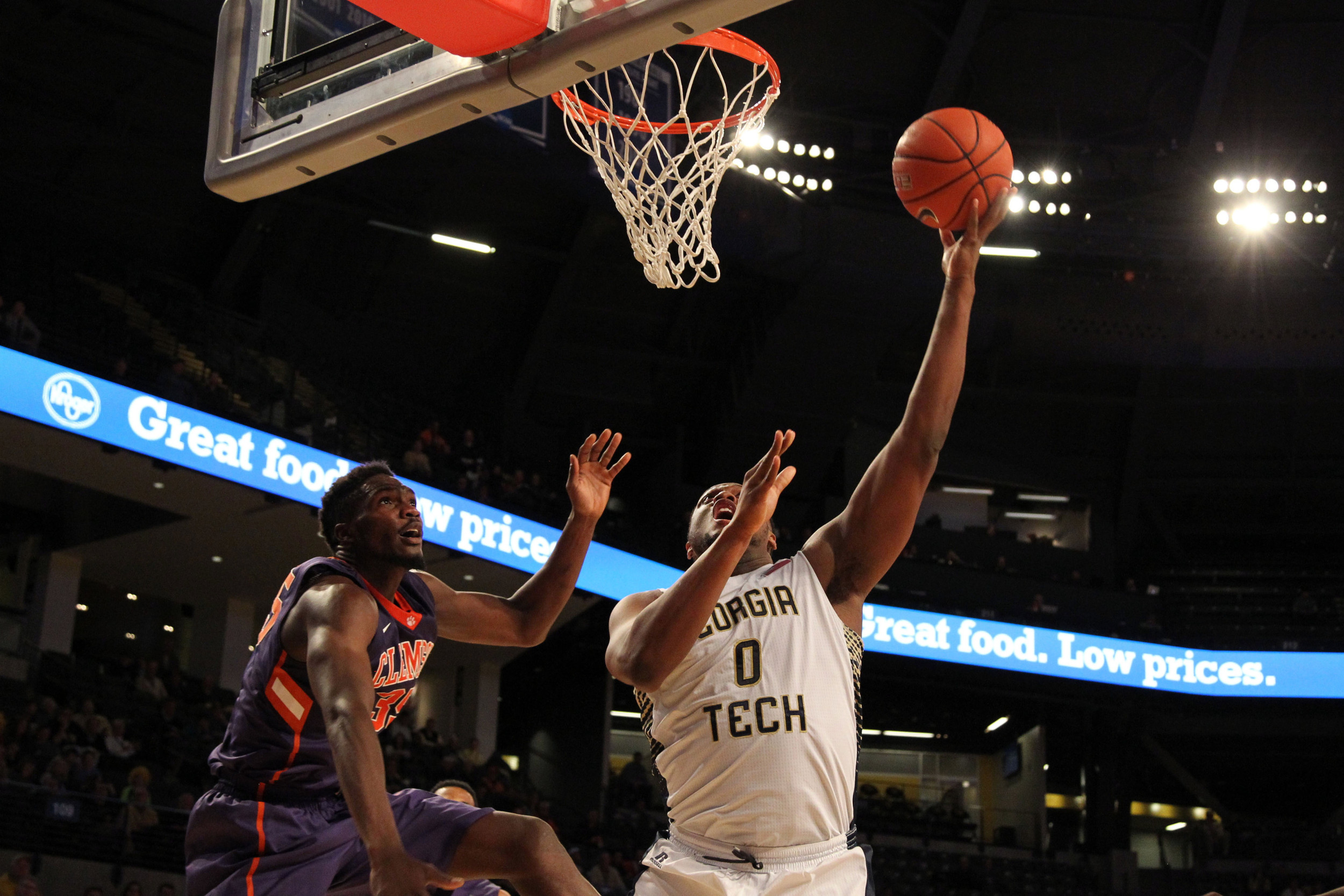 Georgia Tech Yellow Jackets forward Charles Mitchell (0) shoots the ball against the Clemson Tigers in the second half at McCamish Pavilion. Georgia Tech defeated Clemson 63-52. Mandatory Credit: Brett Davis-USA TODAY Sports