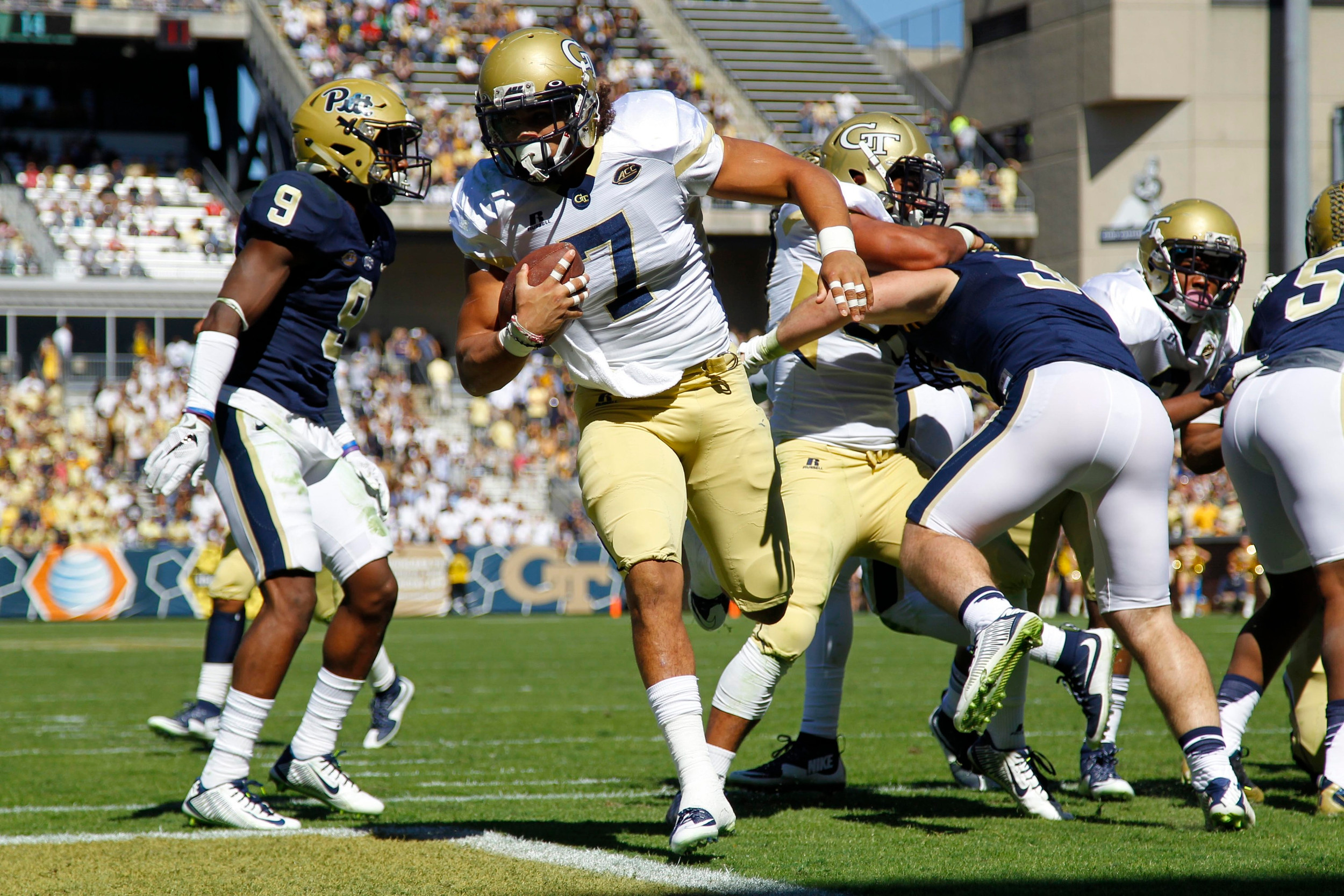 Yellow Jackets running back Patrick Skov (7) runs the ball for a touchdown against the Pittsburgh Panthers in the second quarter at Bobby Dodd Stadium. Brett Davis-USA TODAY Sports