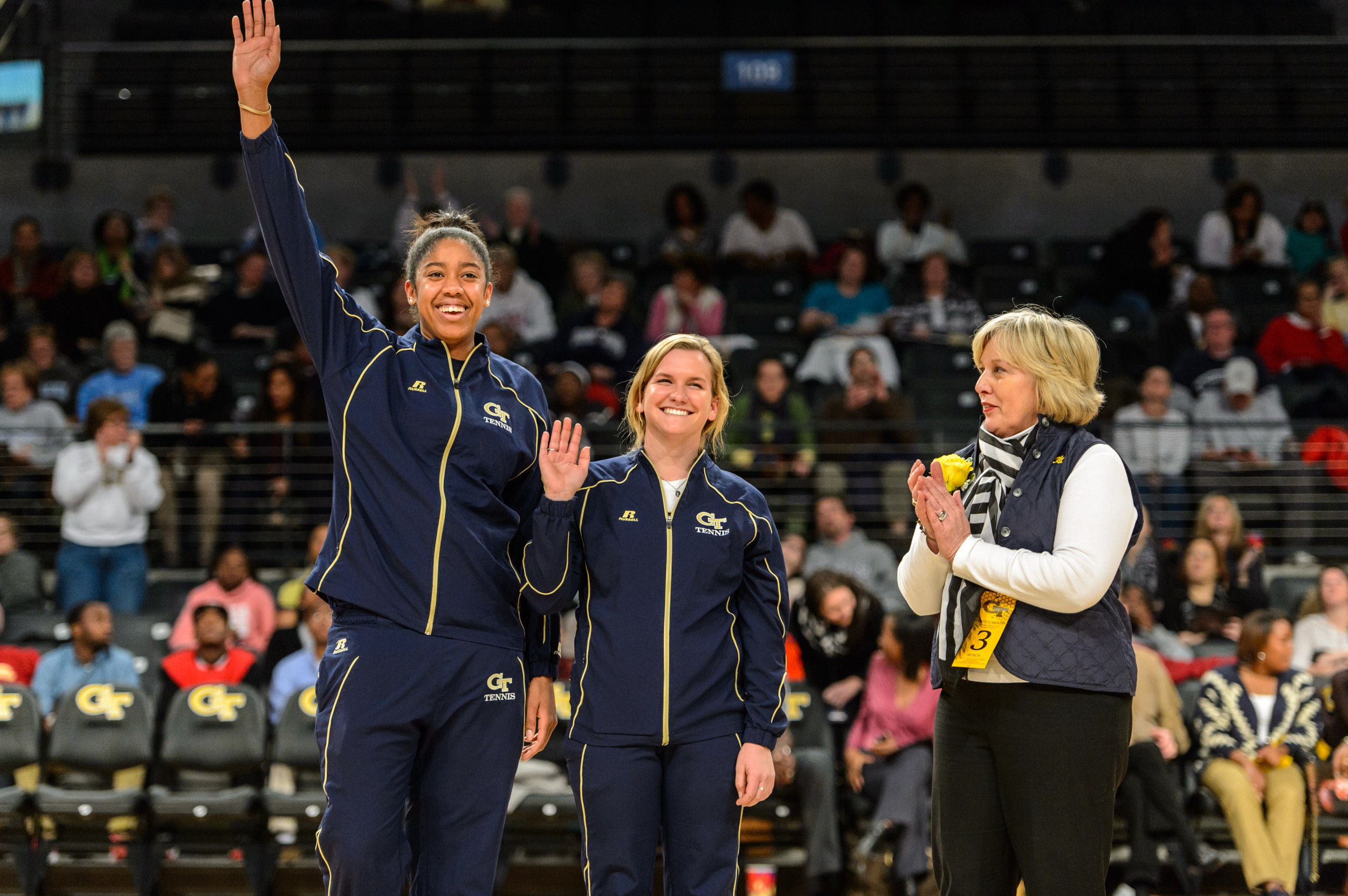 GT Women's Tennis players Kendal Woodard and Megan Kurey were recognized for their National Championship alongside Georgia Tech's first woman astronaut, Jan Davis