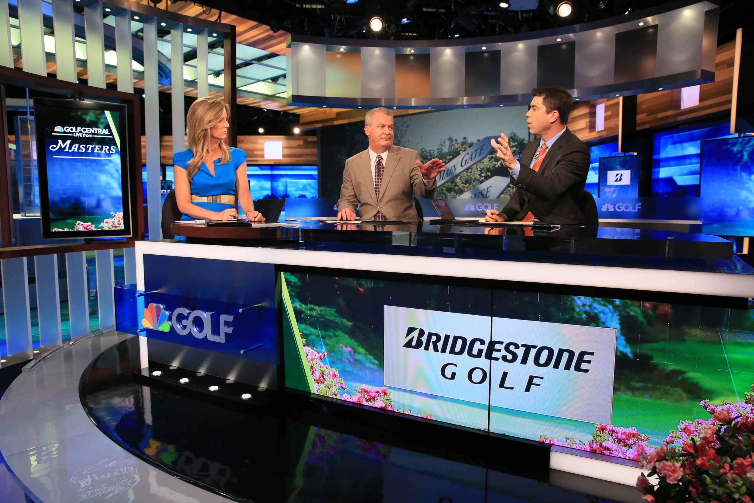 Golf Central Masters Coverage -- Season: 2015 -- Pictured: Kelly Tilghman, Tripp Isenhour, Arron Oberholser, -- (Photo by: Jessica Danser/Golf Channel)