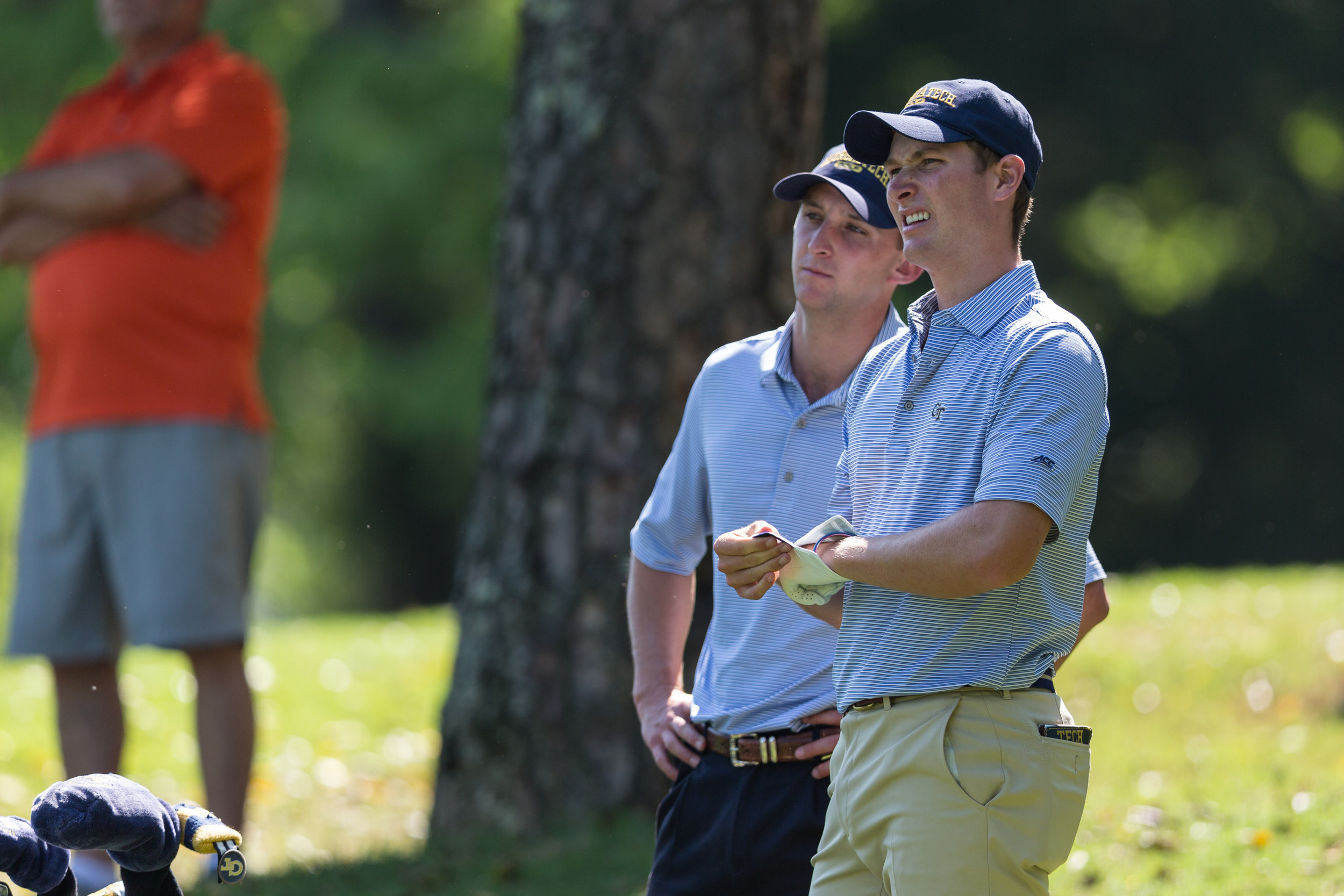 Assistant coach Drew McGee and Vincent Whaley during the first round of the ACC Men's Golf Championship, Musgrove Mill Golf Club, Clinton, S.C., April 21, 2017