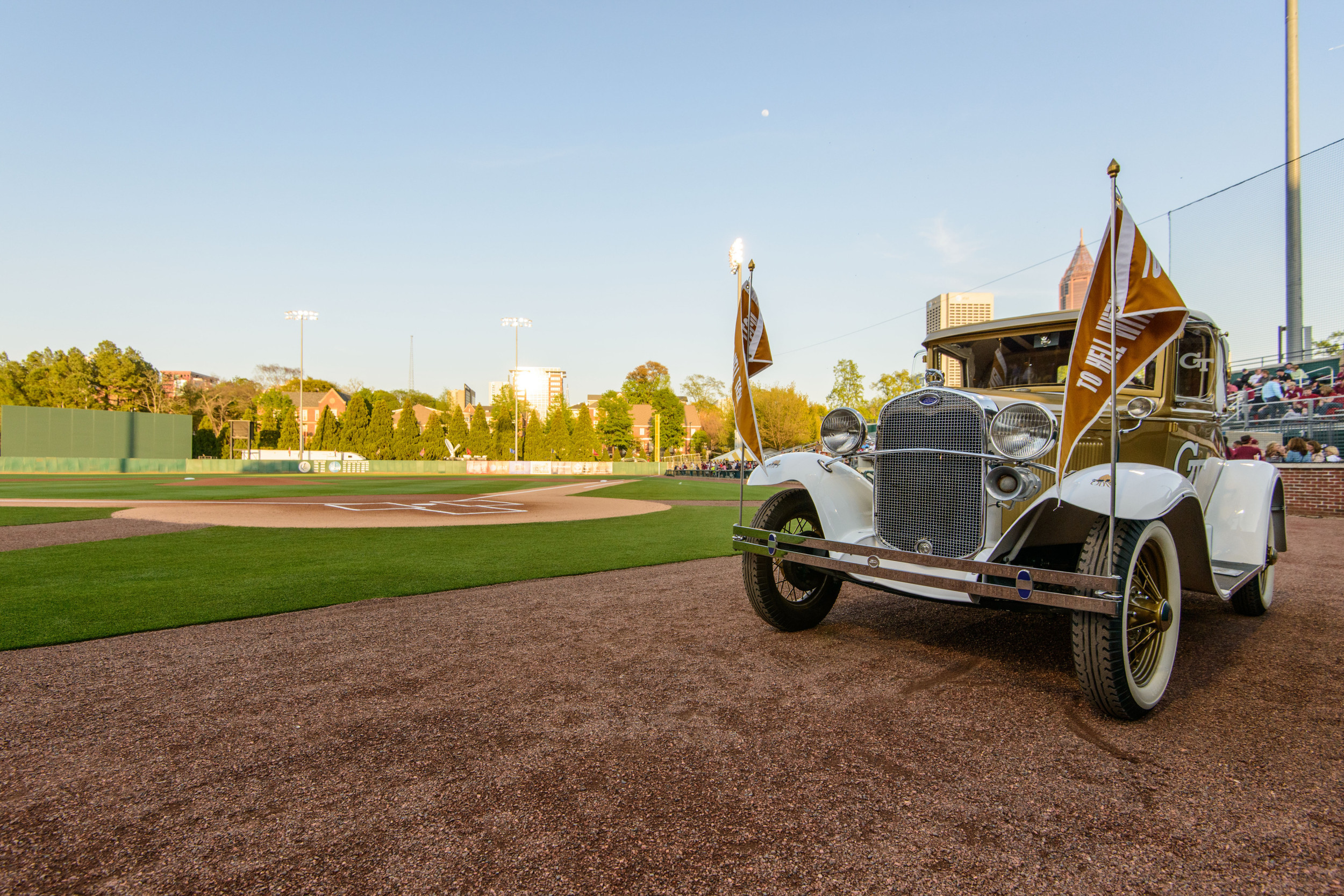 The Ramblin' Reck sits on the field at Russ Chandler Stadium