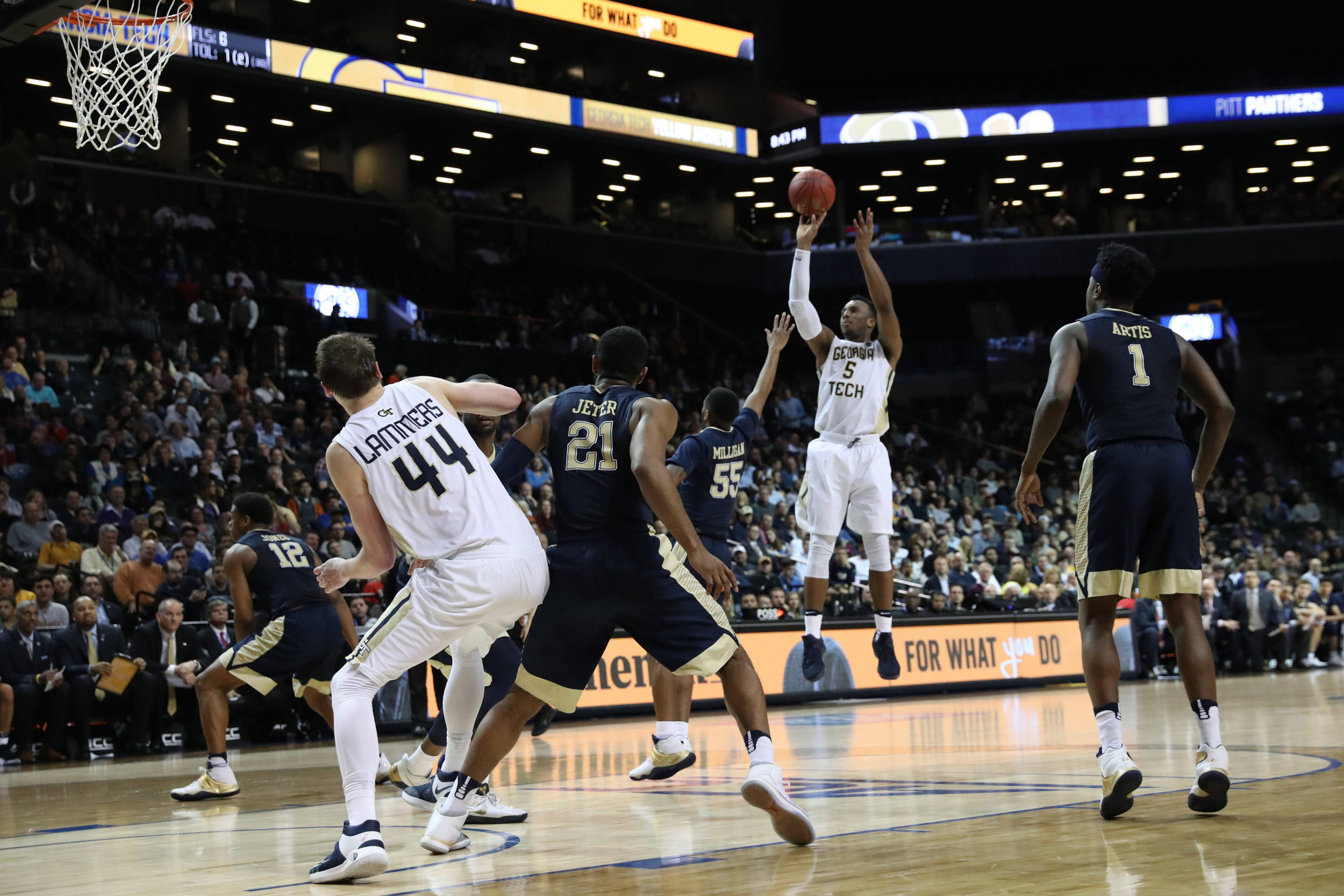 Guard Josh Okogie shoots during the second half against the Pittsburgh Panthers during the ACC Conference Tournament at Barclays Center. Credit: Anthony Gruppuso-USA TODAY Sports