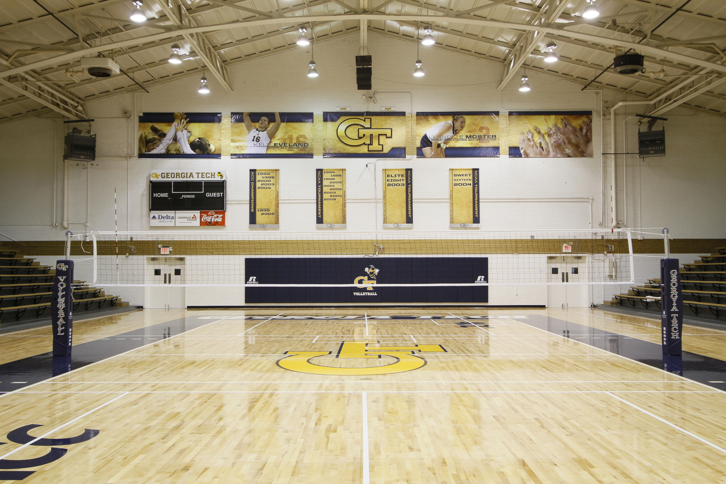 O'Keefe Gym has a new look with a new floor and banners.