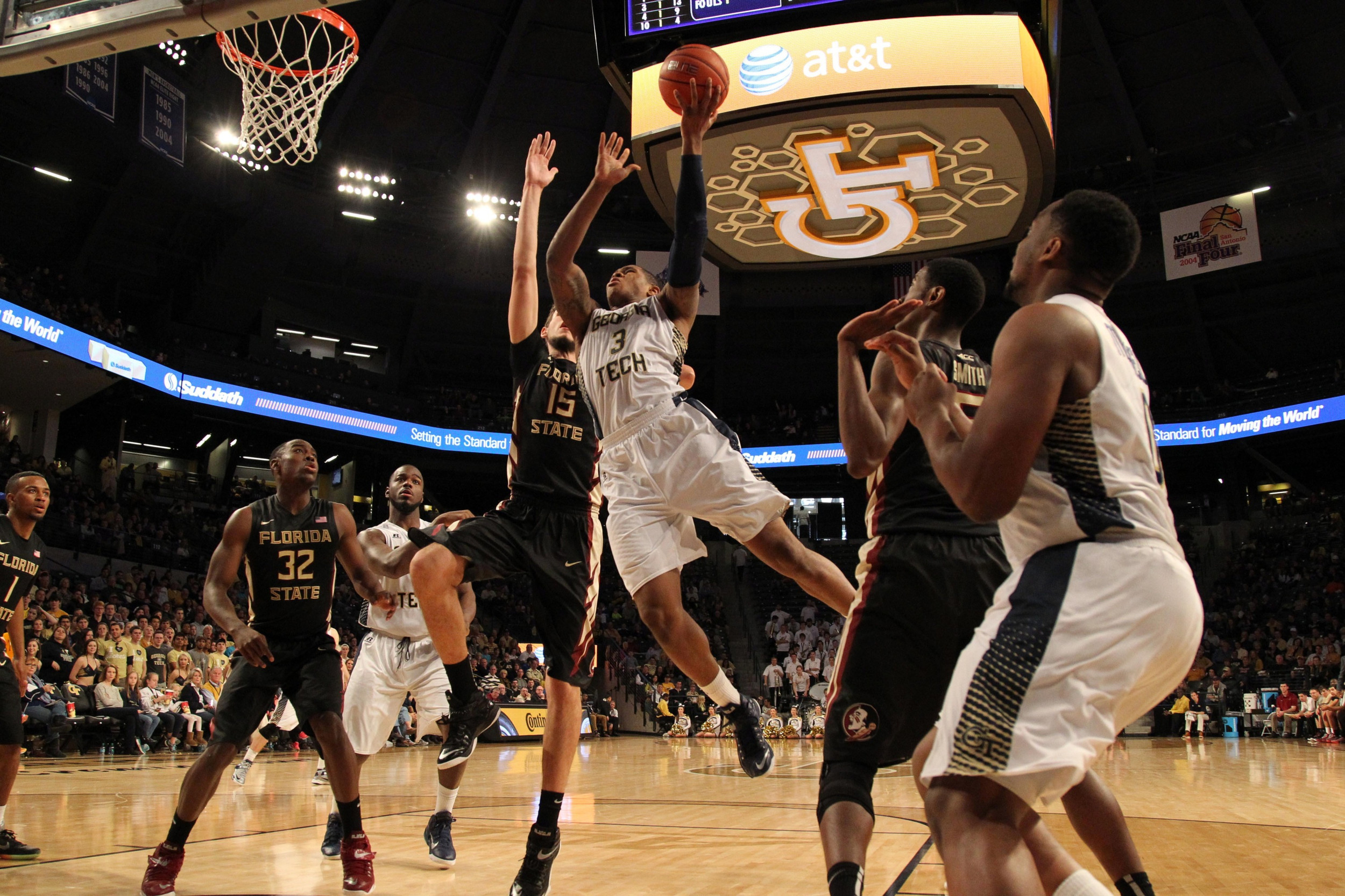 Feb 14, 2015; Atlanta, GA, USA; Georgia Tech Yellow Jackets forward Marcus Georges-Hunt (3) shoots the ball against the Florida State Seminoles in the second half at McCamish Pavilion. Florida State defeated Georgia Tech 57-53.