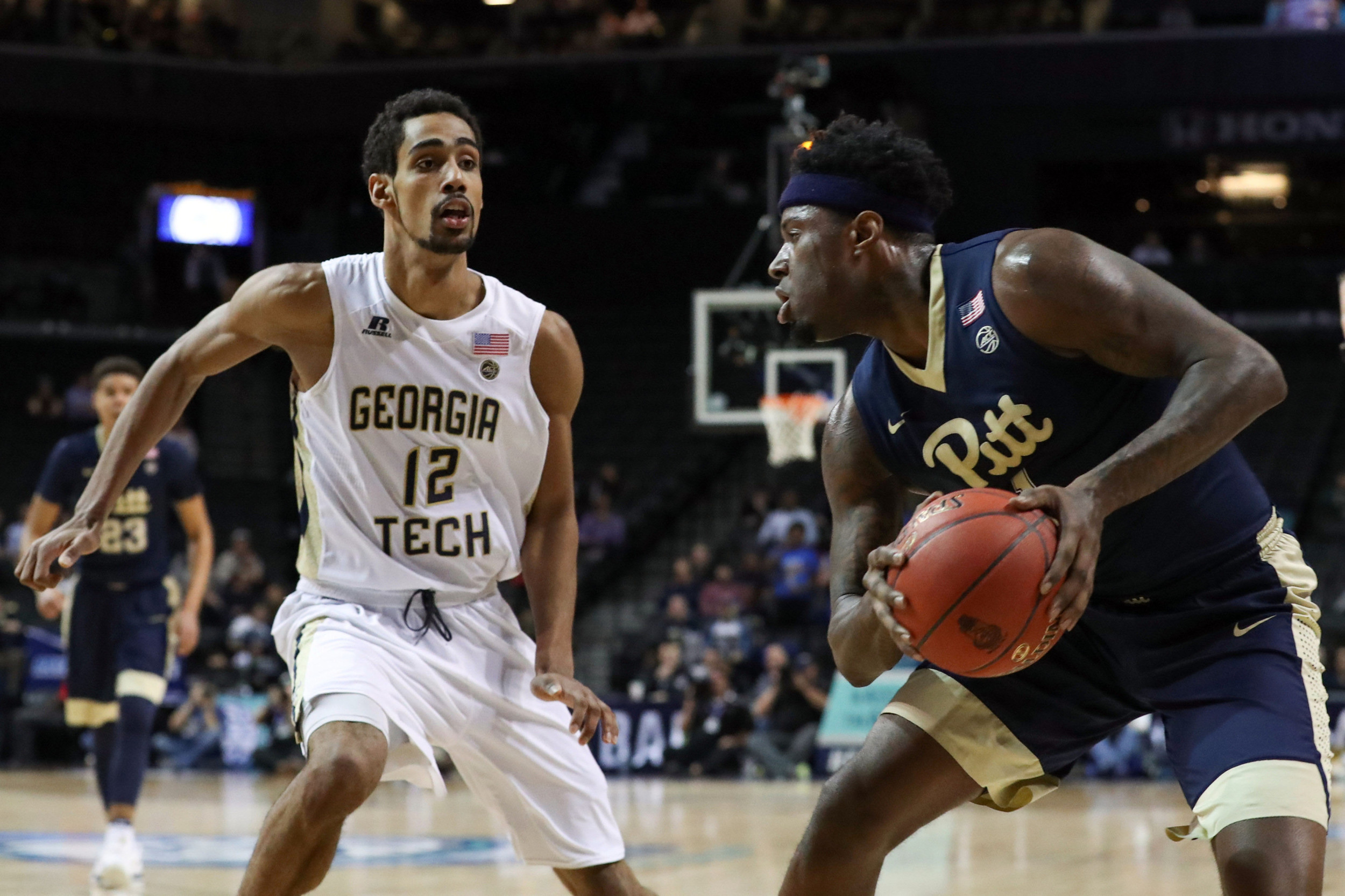 Forward Quinton Stephens defends Pittsburgh Panthers forward Jamel Artis during the first half during the ACC Conference Tournament at Barclays Center. Credit: Anthony Gruppuso-USA TODAY Sports