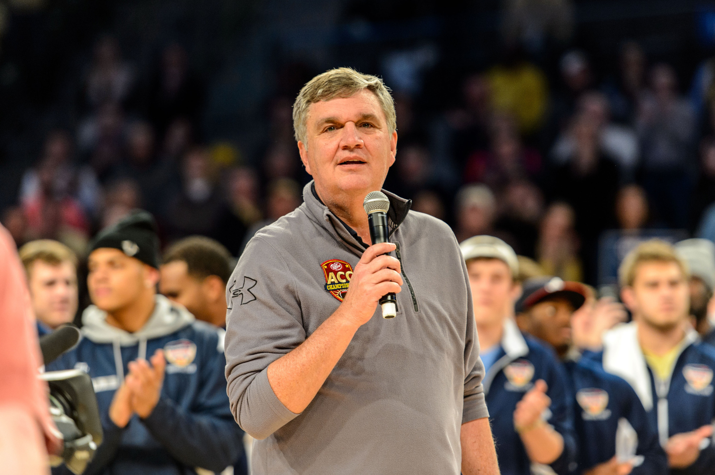 Coach Paul Johnson speaks to the crowd at halftime as the Orange Bowl Champion Yellow Jackets were honored
