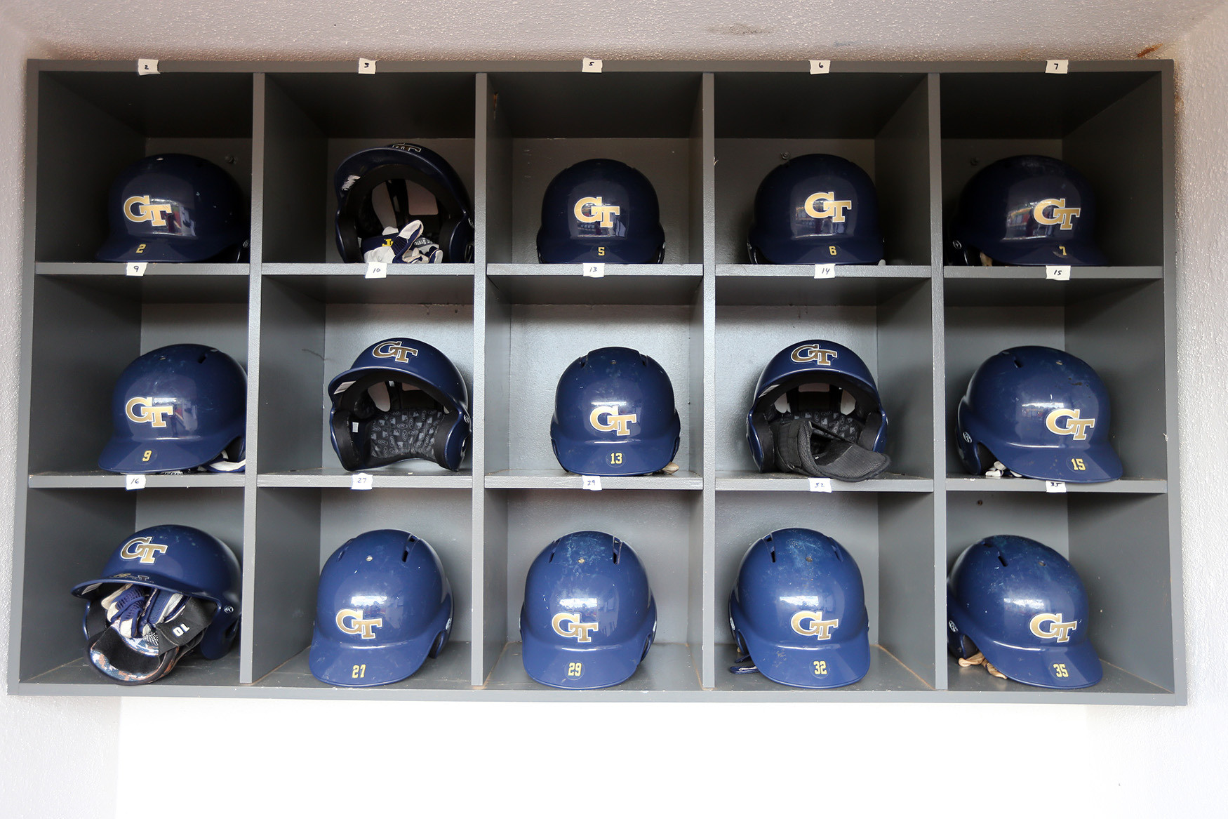 Helmets in the dugout (Photo by Josh McCoy)