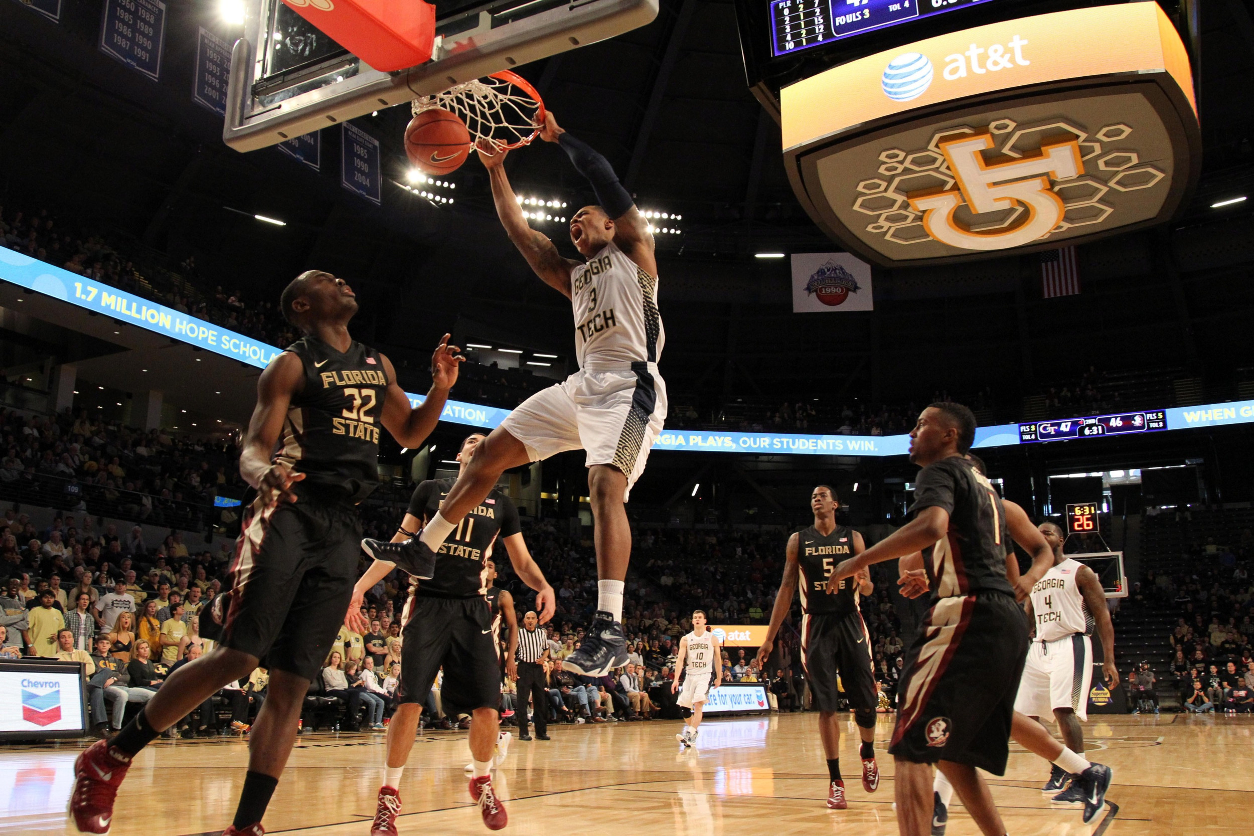 Feb 14, 2015; Atlanta, GA, USA; Georgia Tech Yellow Jackets forward Marcus Georges-Hunt (3) dunks the ball against the Florida State Seminoles in the second half at McCamish Pavilion. Florida State defeated Georgia Tech 57-53.